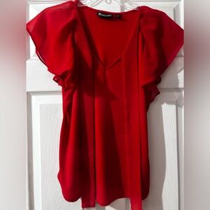 Red V-Neck Ruffle Sleeve Top
